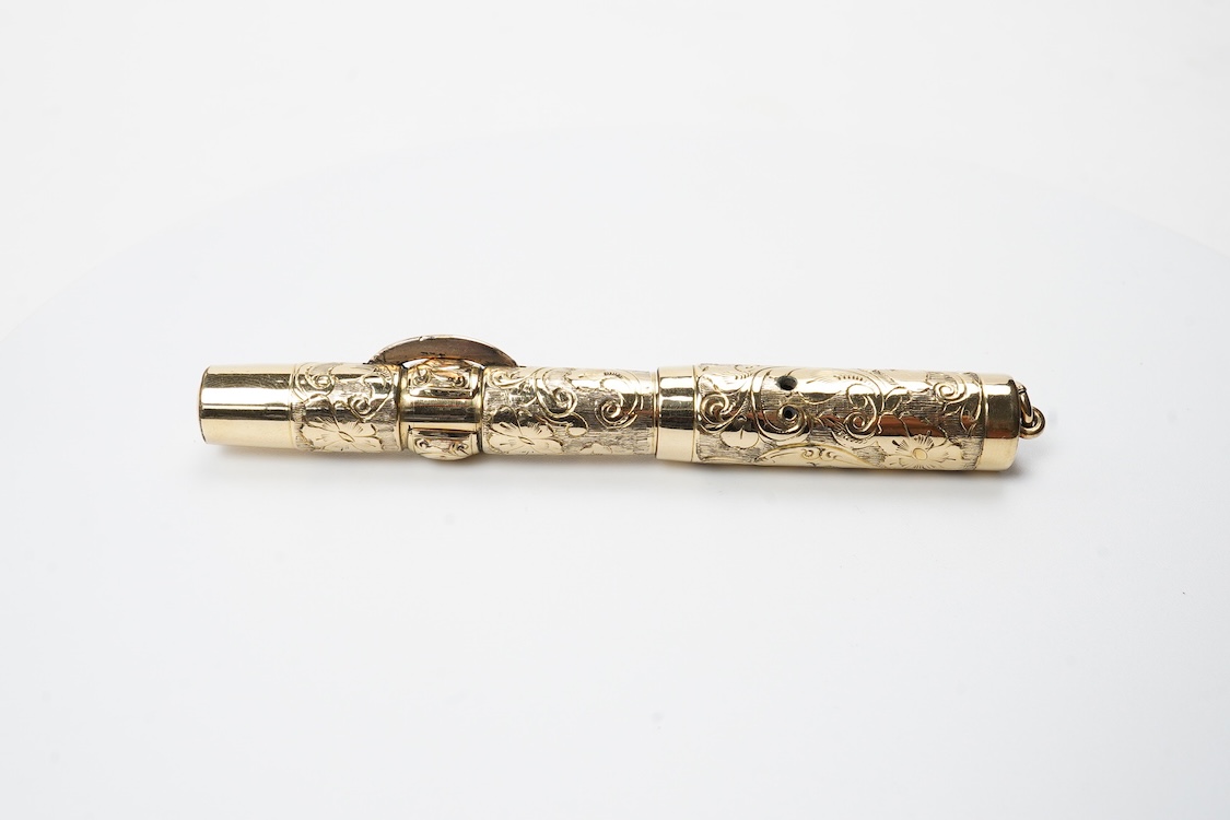 A Conklin ring top hand engraved crescent filler fountain pen with 14ct. gold Conklin flexible nib